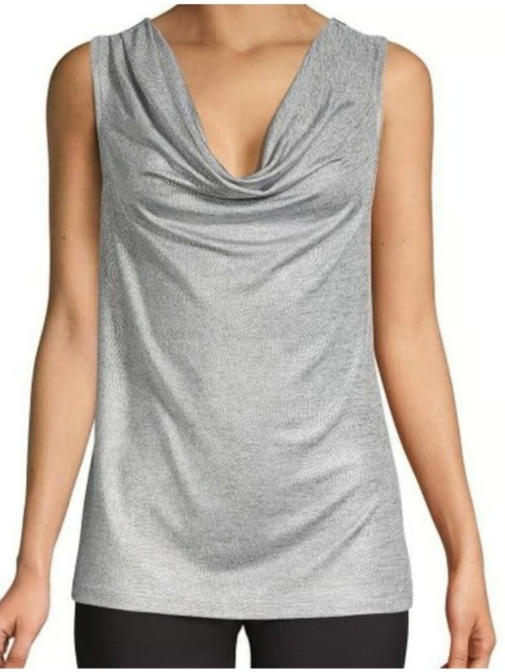 Calvin Klein Silver Gray Metallic Knit Rutched Sleeveless Blouse Swing Neck  XL